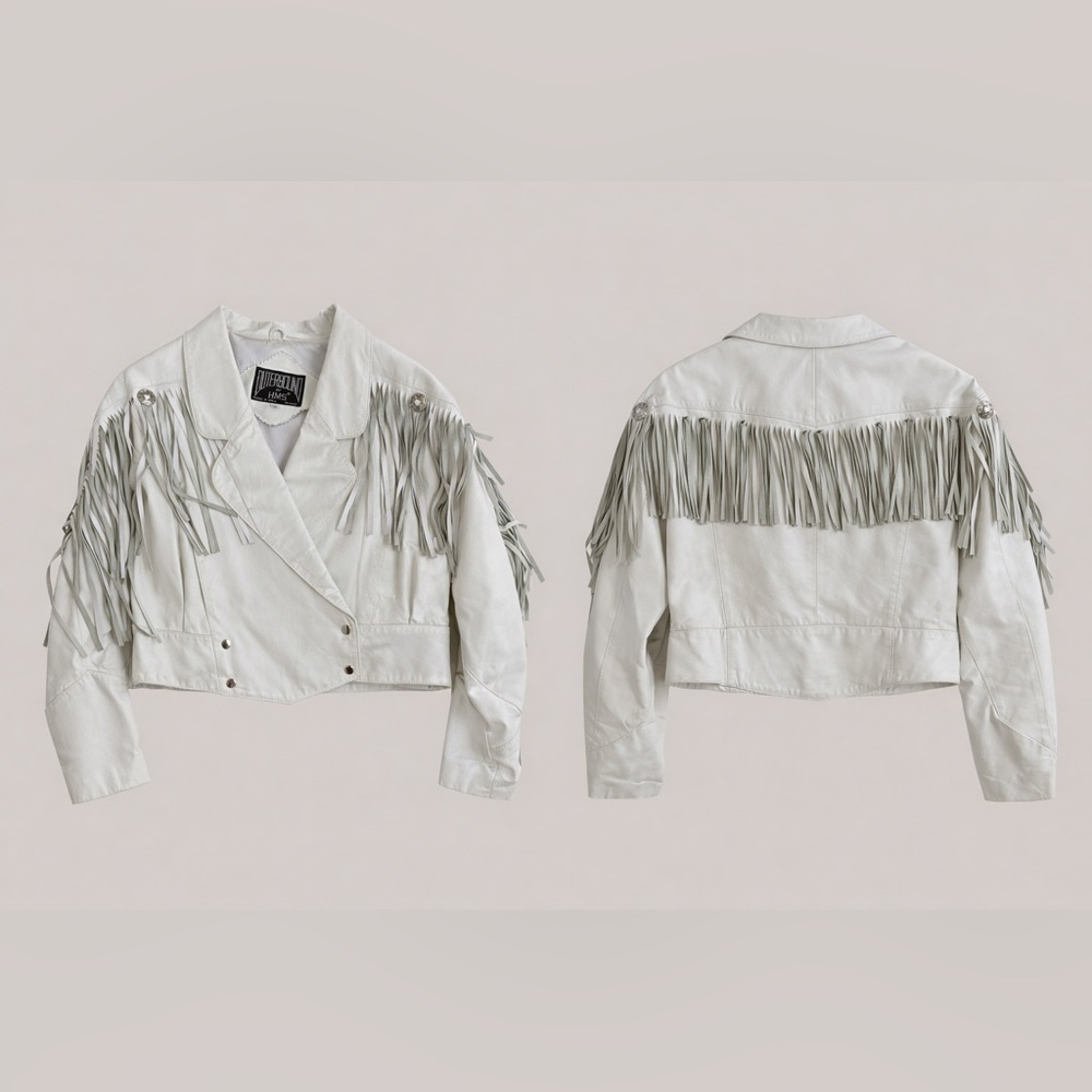 Vintage Outer Bound White Leather Fringe Jacket – Cropped Western Style Moto